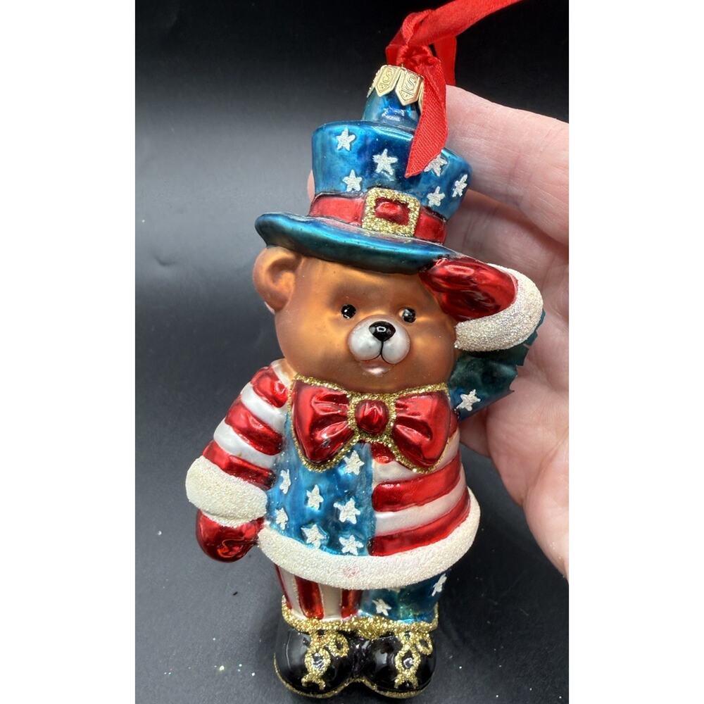 Summit Patriotic Bear Handblown Glass Christmas Ornament 4th July USA LOOK -LO17